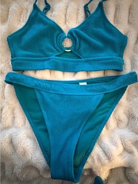 aerie Teal Textured Ring-Front Bikini Set M top L bottoms